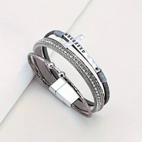 Charm Bracelet Faux Leather Black or White Silver Cross - Picture 3 of 8